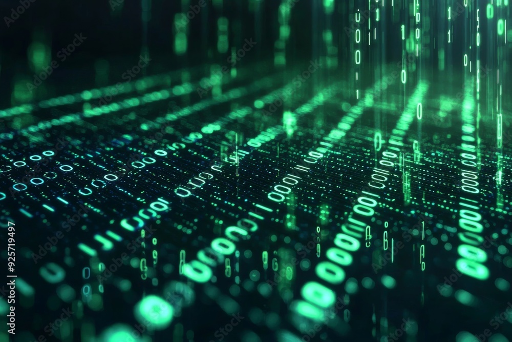Green Dark Binary Code with Data Streaming Background created with Generative AI Green Dark Binary Code with Data Streaming Background created with Generative AI