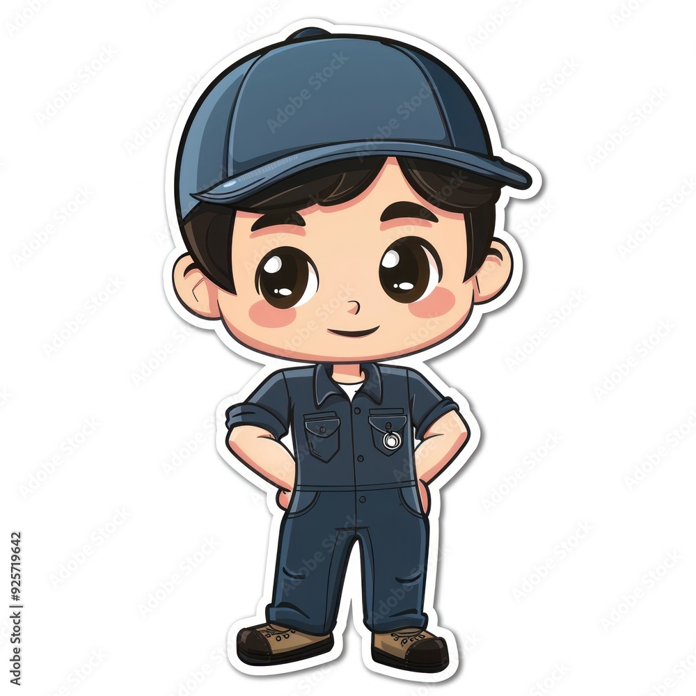 A cute cartoon character in a blue uniform and cap, smiling with hands on hips. A cute cartoon character in a blue uniform and cap, smiling with hands on hips.