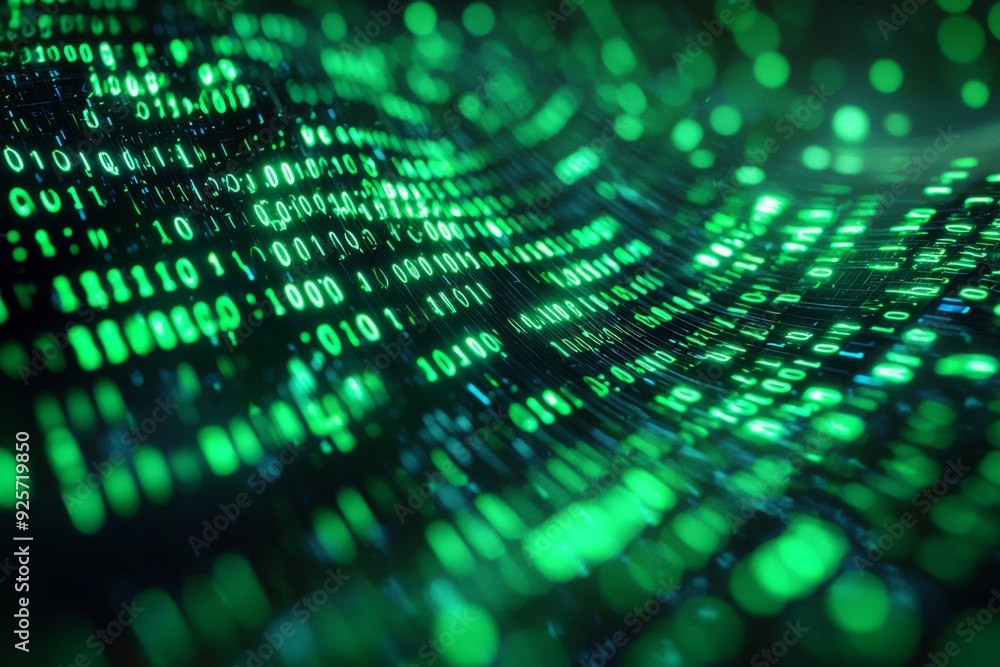 Green Dark Binary Code with Data Streaming Background created with Generative AI Green Dark Binary Code with Data Streaming Background created with Generative AI