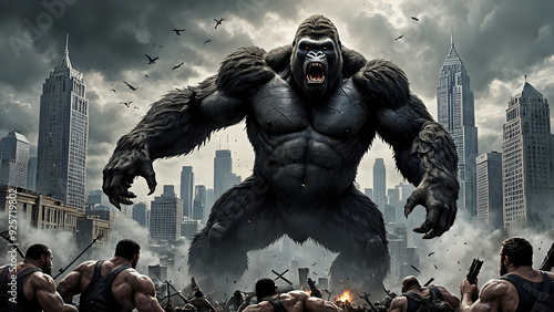 illustration of a giant gorilla destroying a city