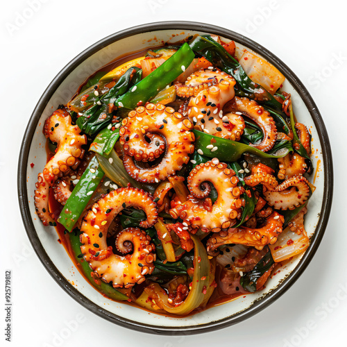 a bowl of food with octopus and vegetables photo