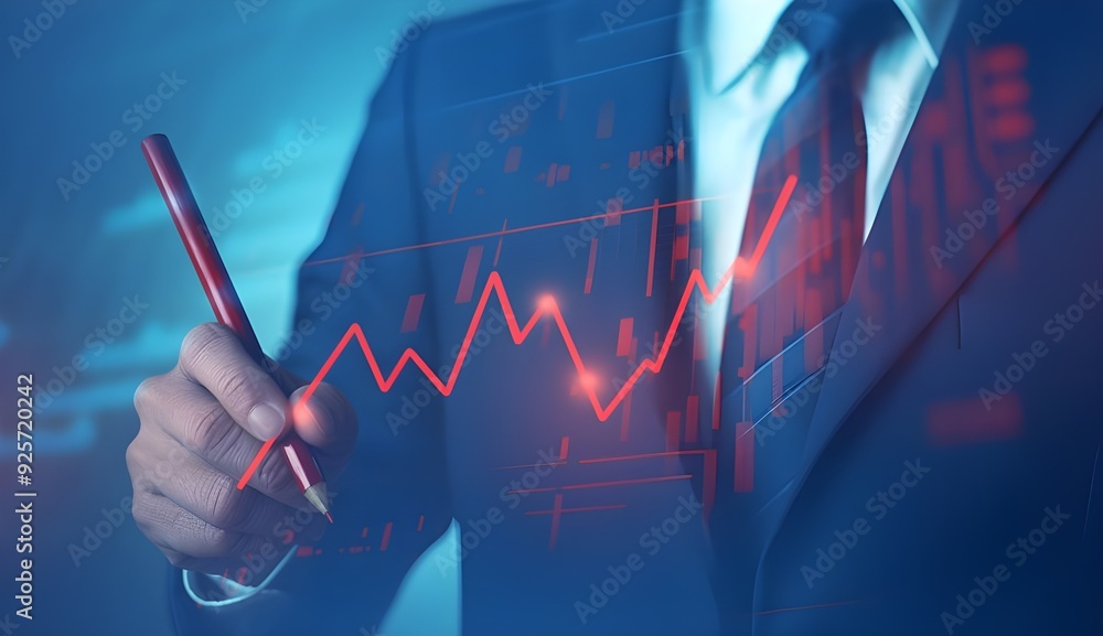 Businessman drawing a red arrow pointing down on a graph showing a downward trend, representing the concept of a stock market crash Businessman drawing a red arrow pointing down on a graph showing a downward trend, representing the concept of a stock market crash