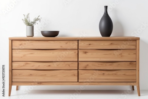 Light Wood Dresser with Six Drawers, Black Vase, and Bowl photo