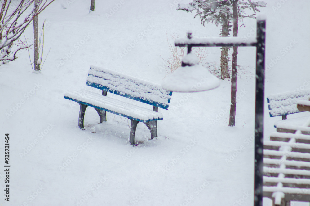Snow-covered bench in a quiet winter park, offering a serene background with space for text. Snow-covered bench in a quiet winter park, offering a serene background with space for text.