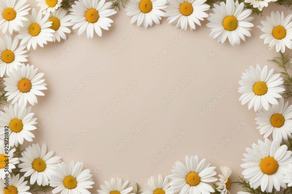 White Daisies Arranged in a Frame on a Beige Background White Daisies Arranged in a Frame on a Beige Background