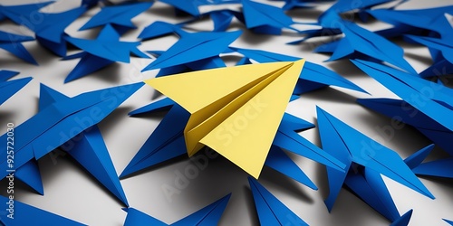 a vibrant yellow Paper airplane stands out in a crowd of identical blue paper airplane, symbolizing individuality, uniqueness, and the courage to be different in a conformist society
 photo