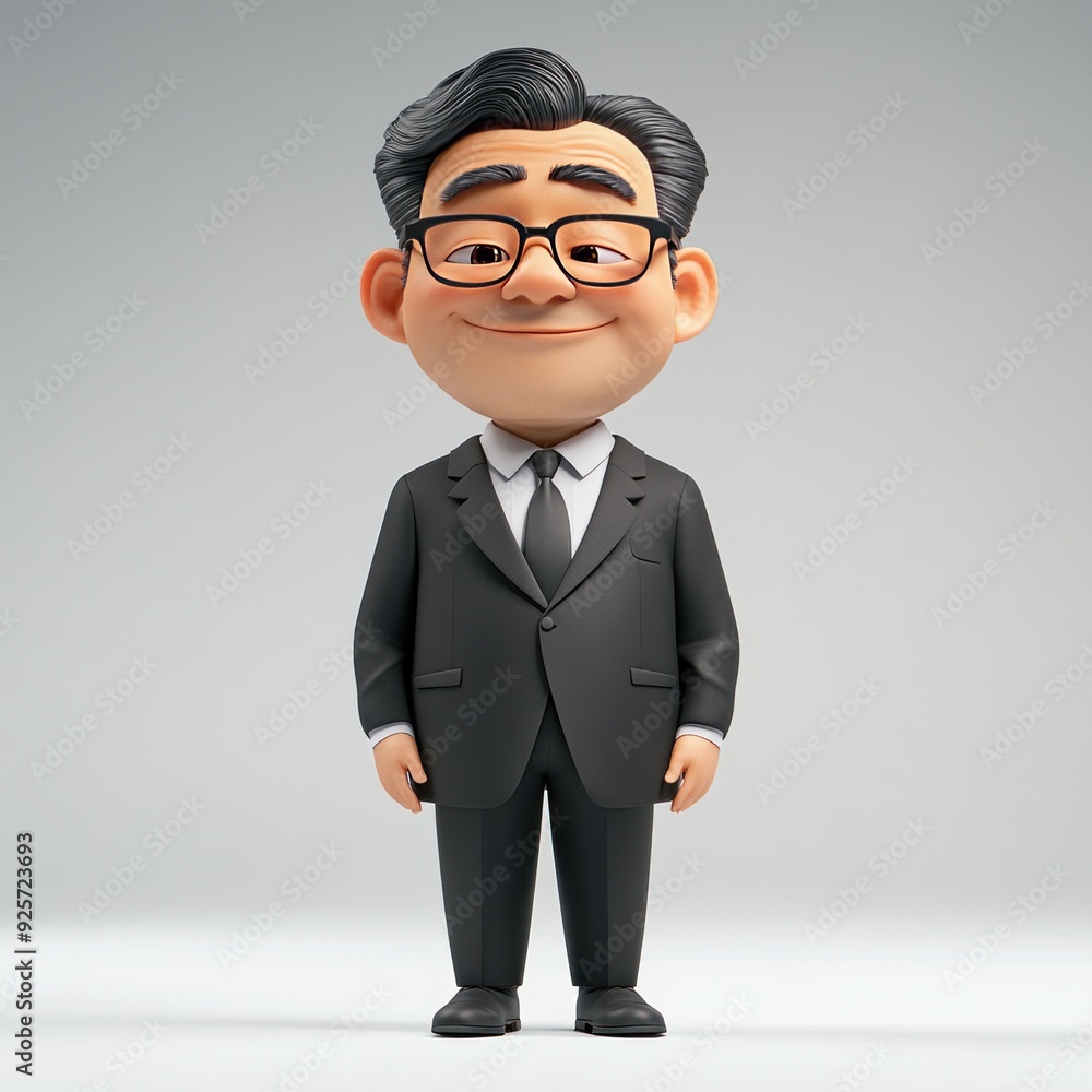 A cartoon character in a suit with glasses, smiling confidently. A cartoon character in a suit with glasses, smiling confidently.