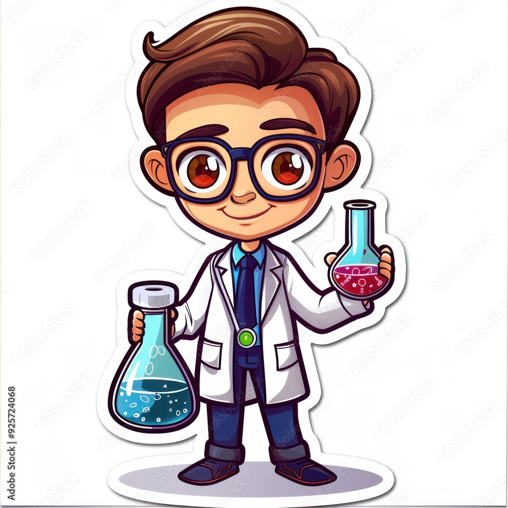 A cartoon scientist holding two flasks with colorful liquids, representing chemistry and research. A cartoon scientist holding two flasks with colorful liquids, representing chemistry and research.