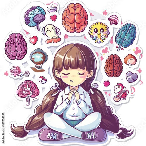 A girl meditating surrounded by colorful brain illustrations and cute icons.