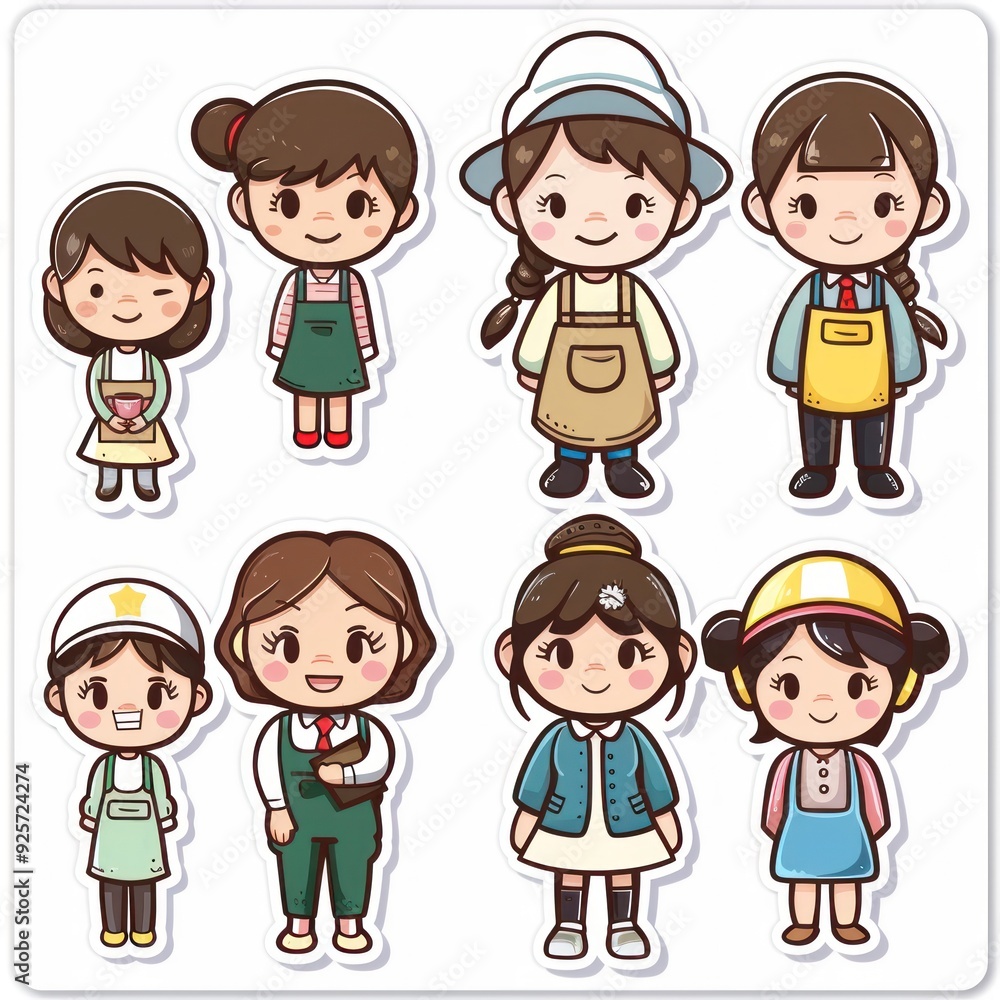 A collection of cute cartoon characters in various occupations and outfits. A collection of cute cartoon characters in various occupations and outfits.