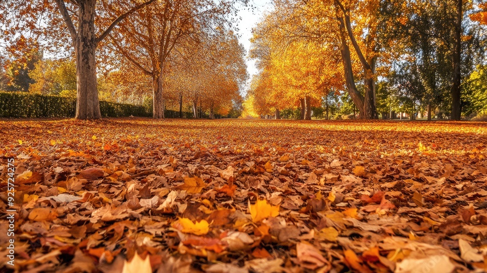 Autumn colors and path: A serene autumn scene with a path blanketed by fallen leaves in shades of brown, orange, and gold, under a clear sky, with a designated area for text. Autumn colors and path: A serene autumn scene with a path blanketed by fallen leaves in shades of brown, orange, and gold, under a clear sky, with a designated area for text.