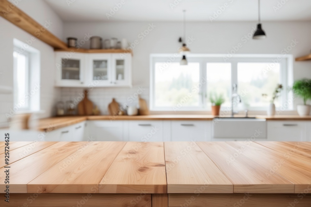 Wooden Tabletop in Blurred Kitchen Interior with Window Wooden Tabletop in Blurred Kitchen Interior with Window
