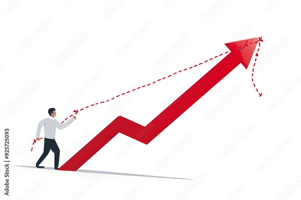 Businessman pulling a red arrow up with a rope, vector illustration on a white background. Businessman pulling a red arrow up with a rope, vector illustration on a white background.