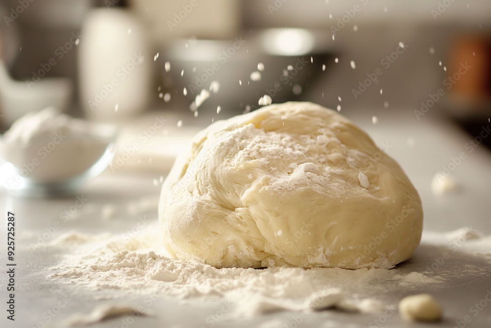 Fototapeta premium Raw dough with flour on table, closeup. Baking concept