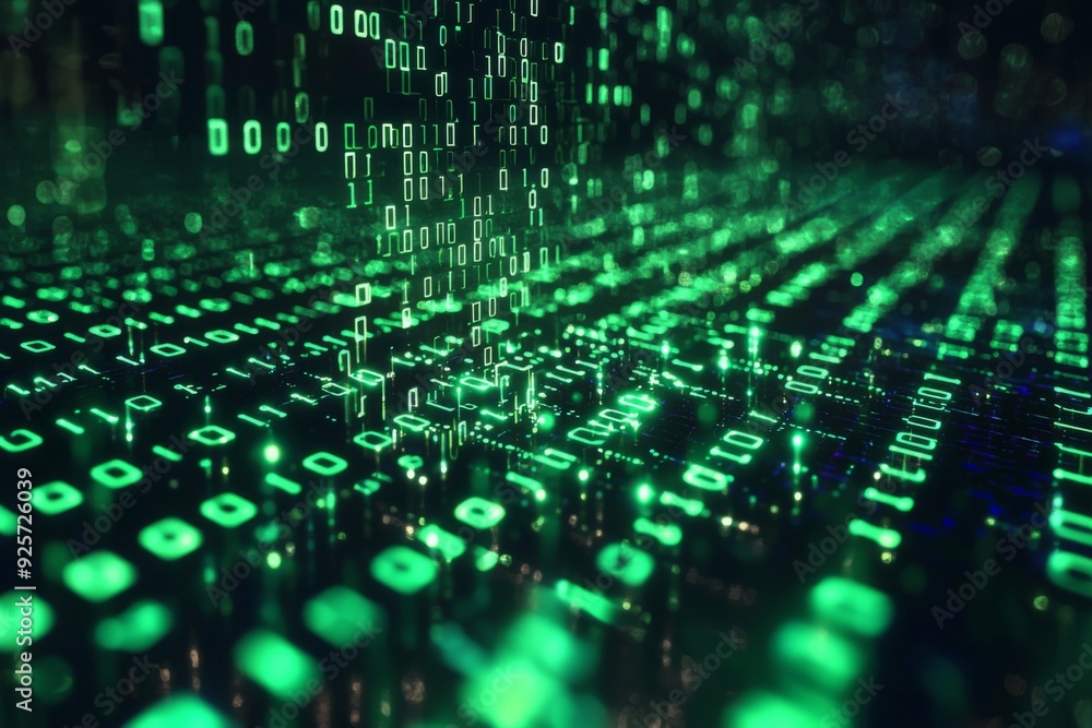 Green Dark Binary Code with Data Streaming Background created with Generative AI Green Dark Binary Code with Data Streaming Background created with Generative AI