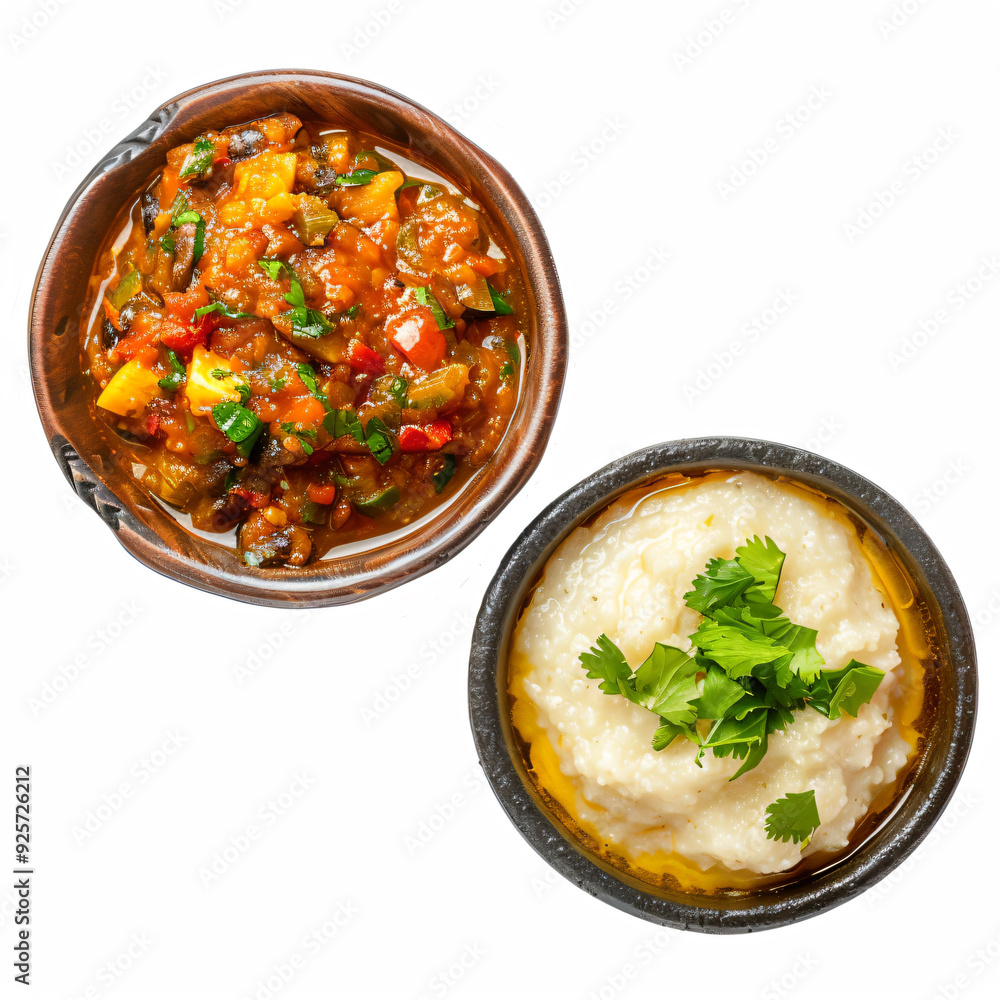 a bowl of mashed potatoes and a bowl of stew a bowl of mashed potatoes and a bowl of stew