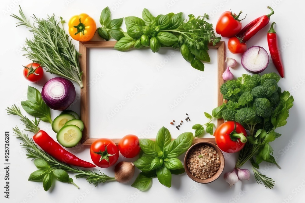 Fresh Vegetables and Herbs Surrounding a Wooden Frame Fresh Vegetables and Herbs Surrounding a Wooden Frame