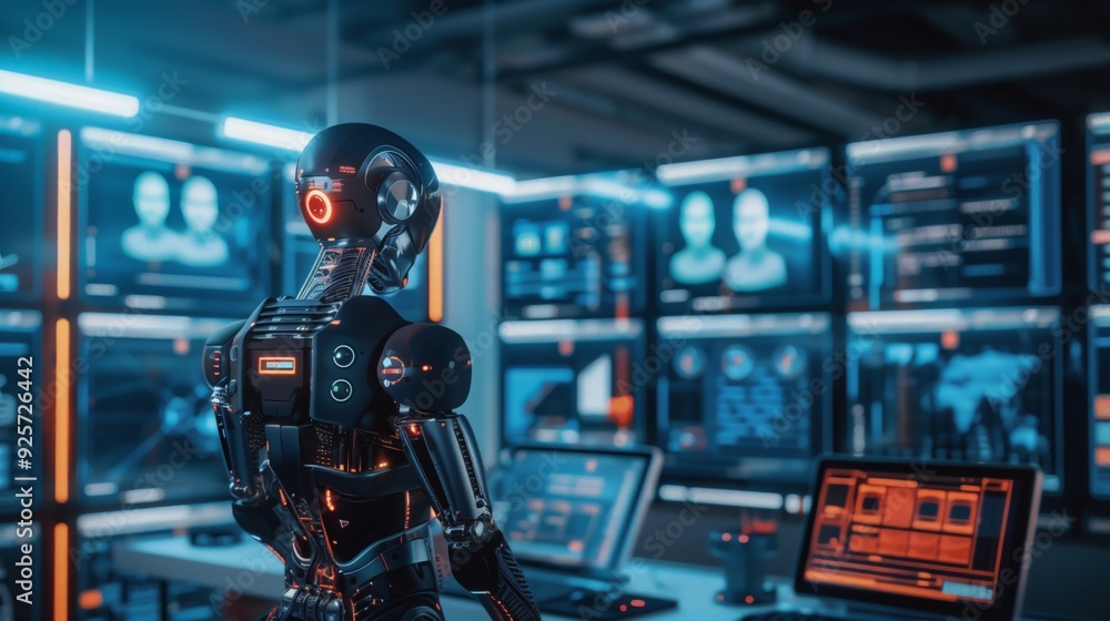 An AI robot is analyzing data in a futuristic control center with advanced robotics An AI robot is analyzing data in a futuristic control center with advanced robotics