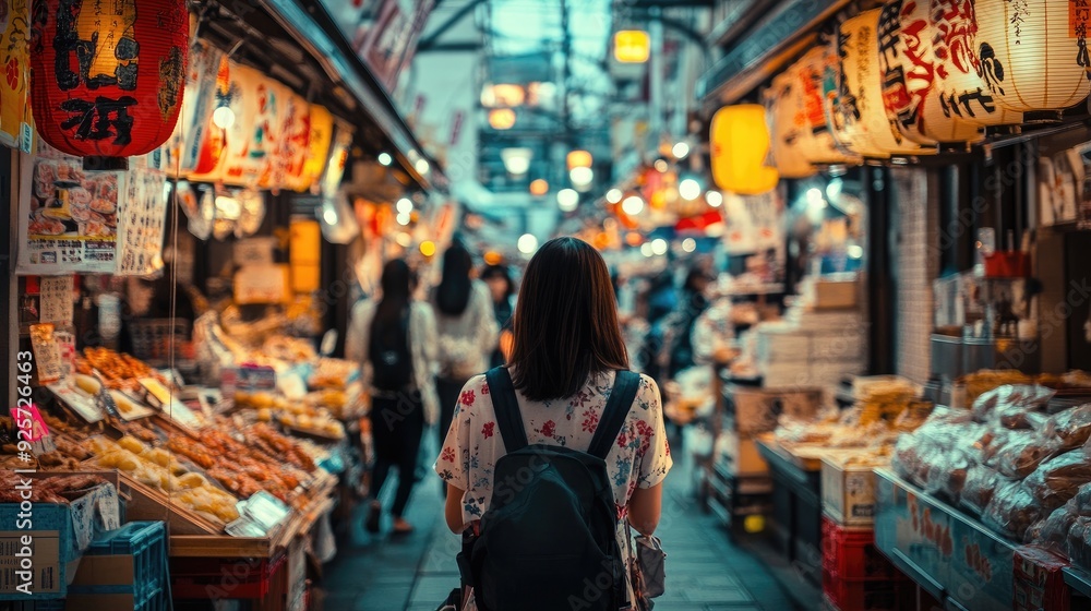 Obraz premium Close-up of a woman navigating a lively Japanese street food market, surrounded by an array of colorful stalls and vendors.