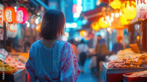 Close-up of a woman walking in a vibrant Japanese street food market, with colorful food stalls and bustling stalls in the background.