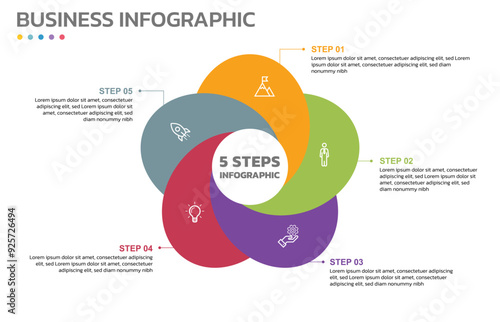 Visual data presentation. Cycle diagram with 5 options. Pie Chart Circle infographic template with 5 steps, options, parts, segments. Business concept. Editable pie chart with sectors. Single layer.