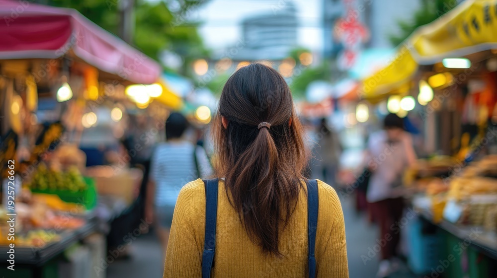Close-up of a woman walking, with a Japanese street food market in the background, blurred to highlight colorful food stalls and activity. Close-up of a woman walking, with a Japanese street food market in the background, blurred to highlight colorful food stalls and activity.