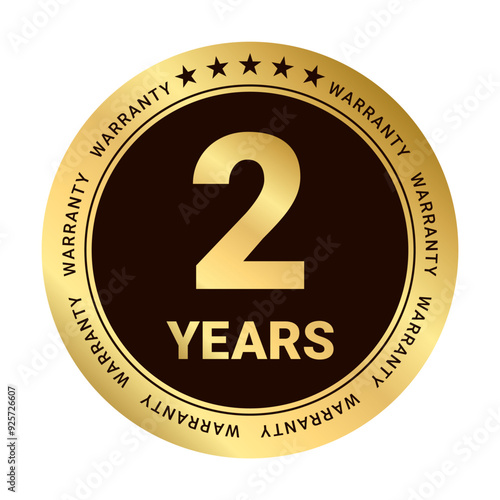 2 years warranty labels. Two Years warranty Sticker label in golden color. Warranty stamp  for service provider. Gold Stars and two years text label, tag or stamp Premium Quality warranty badge