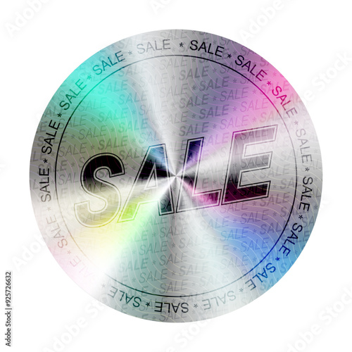 Sale Hologram Sticker label. Authenticity guarantee holographic badge. Sale tag Vector illustration iridescent foil adhesive film certified badge, glossy shiny seal