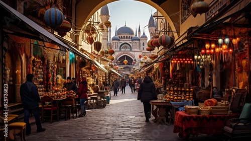 A bustling narrow street lined with shops.