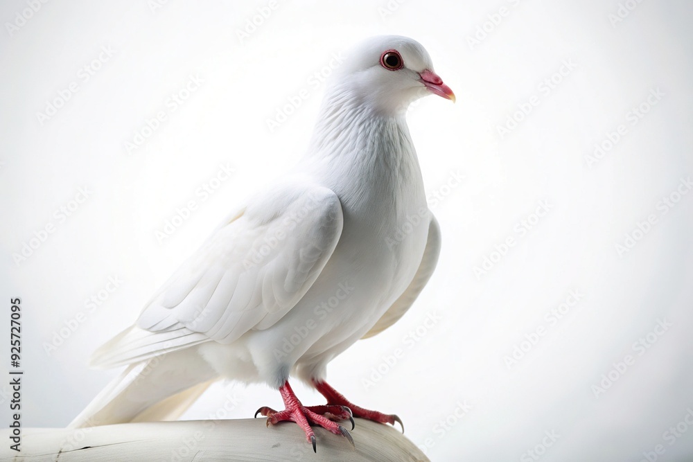 Serene white dove perches on a pure white background, its gentle gaze and soft feathers evoking peace, hope, and tranquility in a minimalist setting. Serene white dove perches on a pure white background, its gentle gaze and soft feathers evoking peace, hope, and tranquility in a minimalist setting.