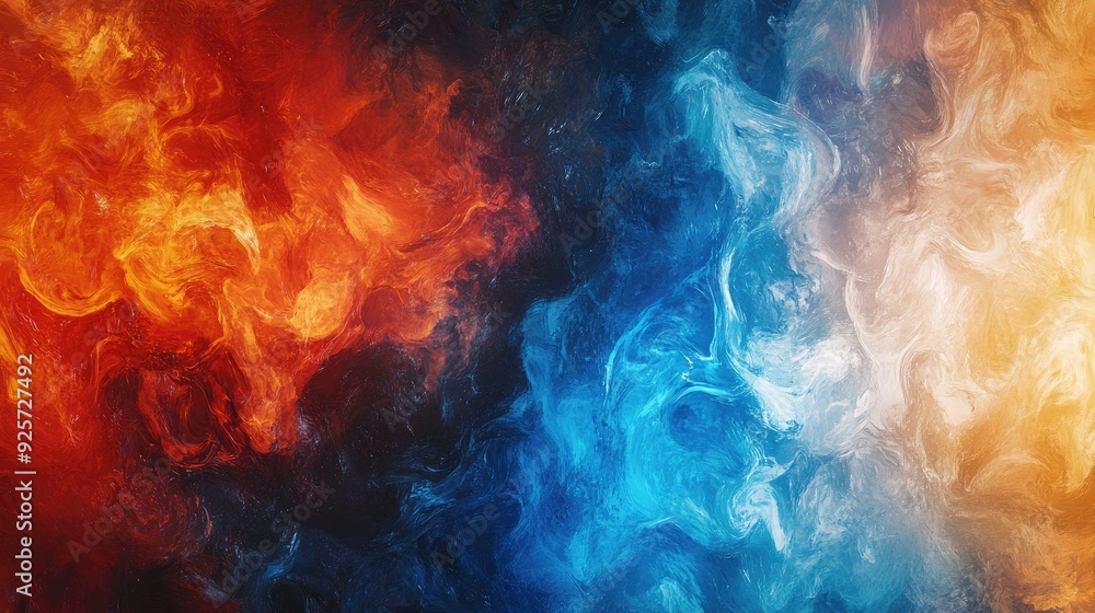 Fototapeta premium Contrasting fire and ice: Fire and ice come together in a stunning abstract composition, mixing vibrant colors and elements, with a designated area for text.