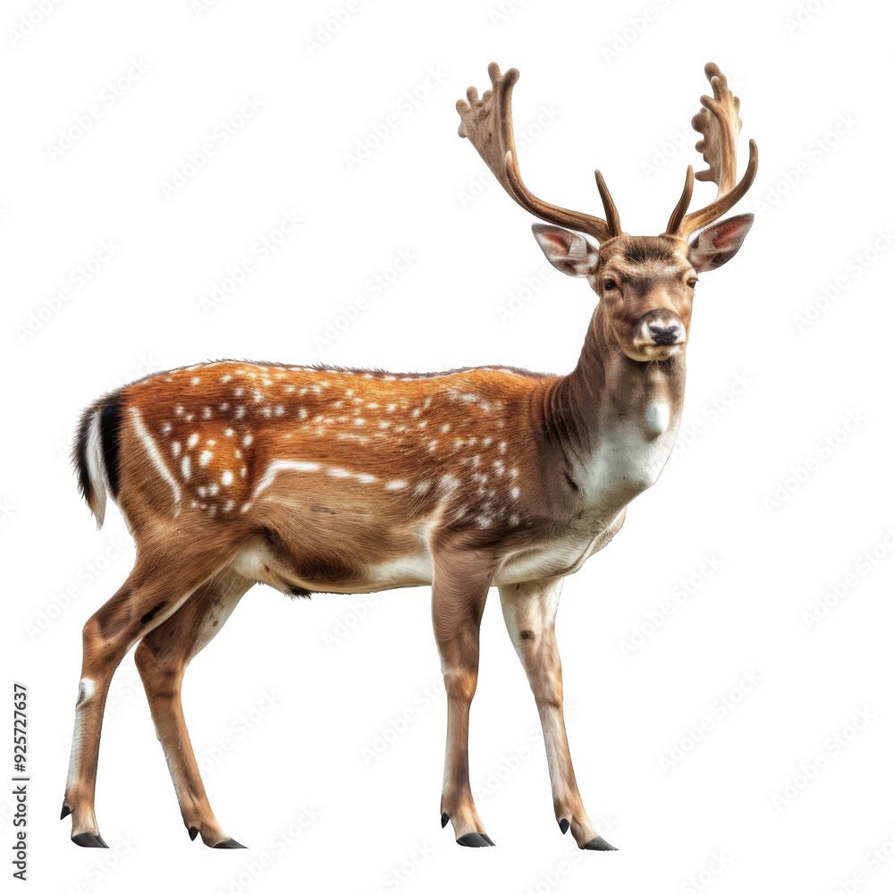 A Spotted Fawn Deer with Large Antlers Standing Against