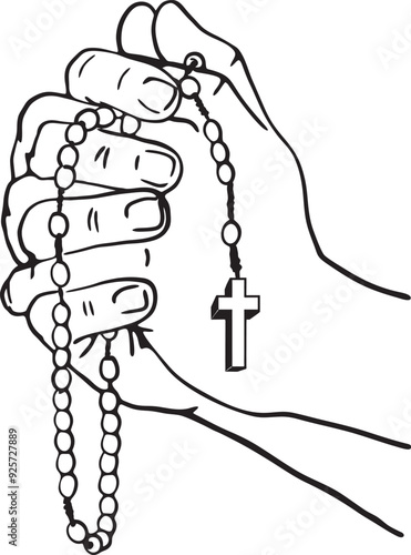 Praying Hands Clasping a Rosary with Cross Pendant white and black Illustration