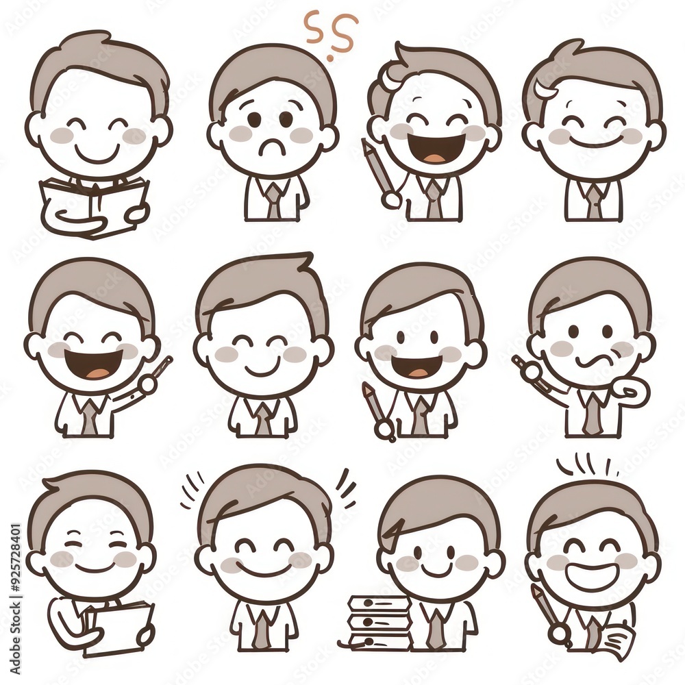 A collection of emotive cartoon characters displaying various expressions and activities. A collection of emotive cartoon characters displaying various expressions and activities.