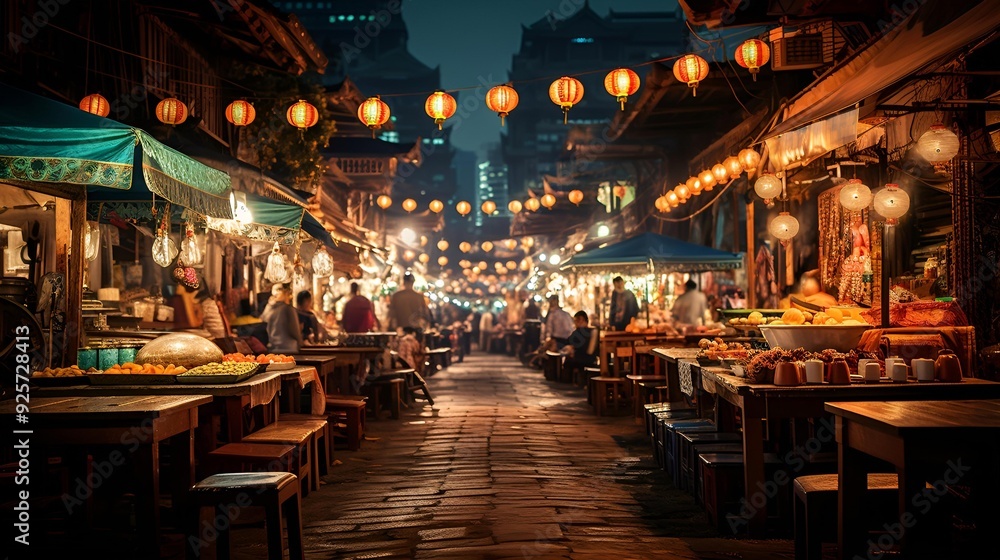 A lively street market in China, featuring decorative lanterns and a diverse. A lively street market in China, featuring decorative lanterns and a diverse.