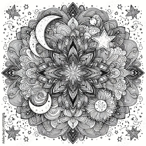 A large, detailed mandala with dreamlike patterns, featuring stars vector