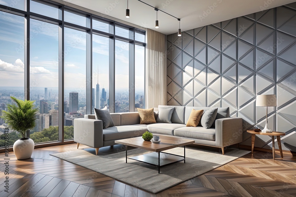 Sleek, minimalist living room with grey walls, white couch, and geometric patterns, featuring a stunning floor-to-ceiling window with a cityscape view. Sleek, minimalist living room with grey walls, white couch, and geometric patterns, featuring a stunning floor-to-ceiling window with a cityscape view.