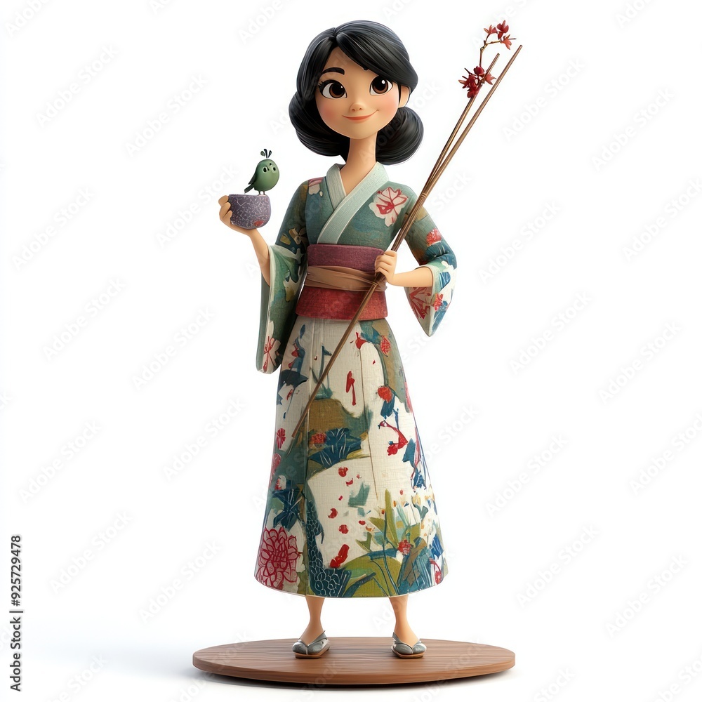 A stylized character in a traditional kimono holding a bird and a decorative item. A stylized character in a traditional kimono holding a bird and a decorative item.