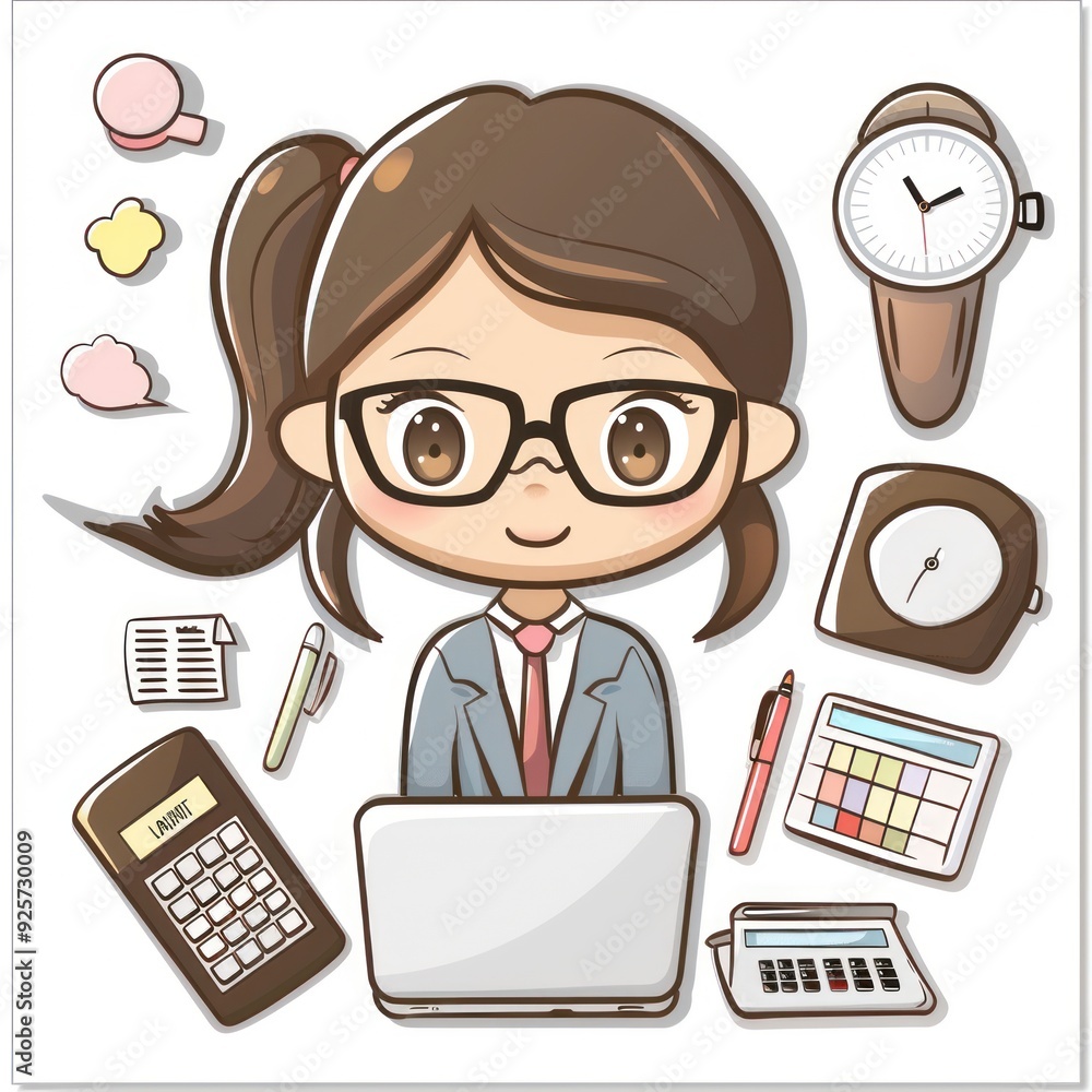 A cartoon character working at a desk with office supplies and a laptop. A cartoon character working at a desk with office supplies and a laptop.
