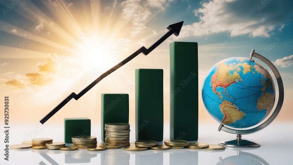 Fototapeta premium Financial growth concept with upward trending graphs, globe, and coins symbolizing investment success and global economy in optimistic atmosphere