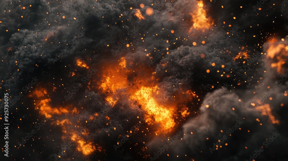 Explosive smoke particles: Fiery particles and dark smoke clouds fill the scene, depicting a violent explosion, with a spacious area for text or design elements. Explosive smoke particles: Fiery particles and dark smoke clouds fill the scene, depicting a violent explosion, with a spacious area for text or design elements.