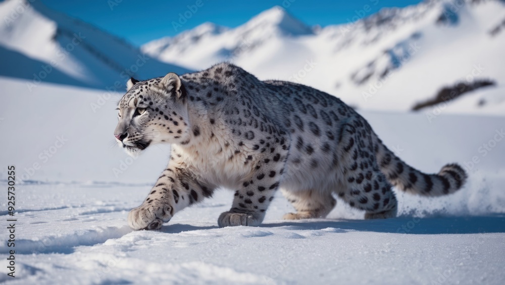 Obraz premium Snow leopard traversing serene, snowy landscape with majestic mountain backdrop, symbolizing grace and the fragility of wildlife in winter conditions