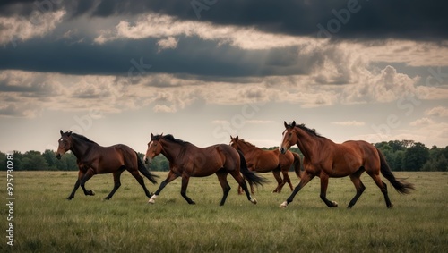 Majestic horses running freely across a lush green field under dramatic clouds, embodying freedom and the beauty of nature