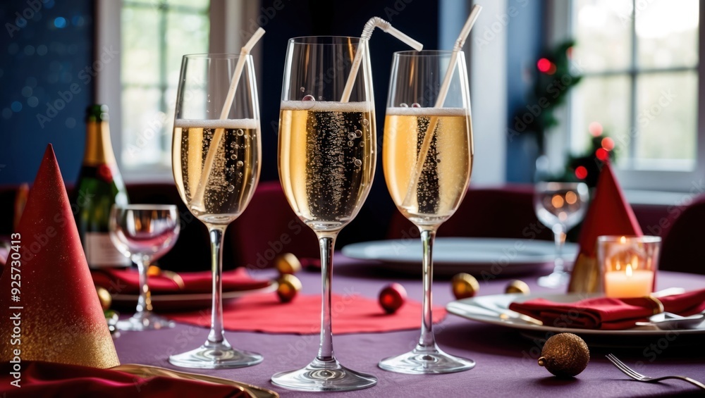 Obraz premium Elegant table setting featuring champagne glasses and festive decorations, perfect for celebrations, parties, and special occasions