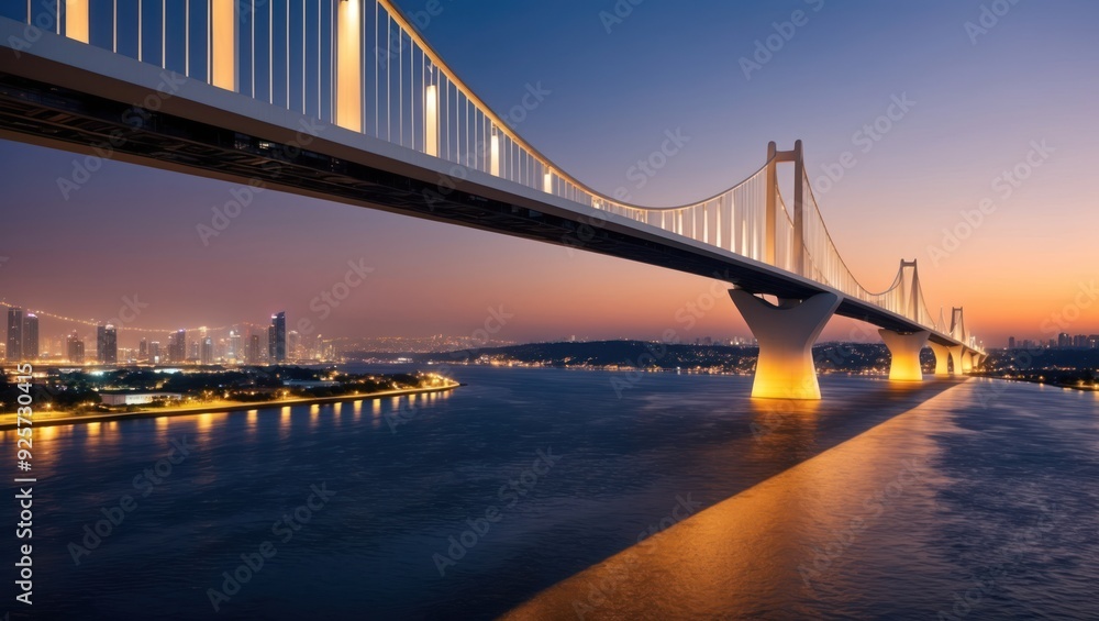 Fototapeta premium Stunning view of a modern bridge at sunset, featuring vibrant city lights reflecting on water, showcasing urban architecture and travel appeal