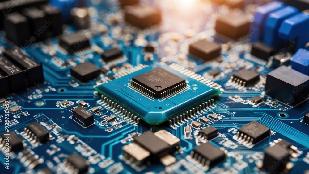 Detailed close up of a blue circuit board with microprocessor, showcasing intricate electronic components and connections, symbolizing technology and innovation Detailed close up of a blue circuit board with microprocessor, showcasing intricate electronic components and connections, symbolizing technology and innovation