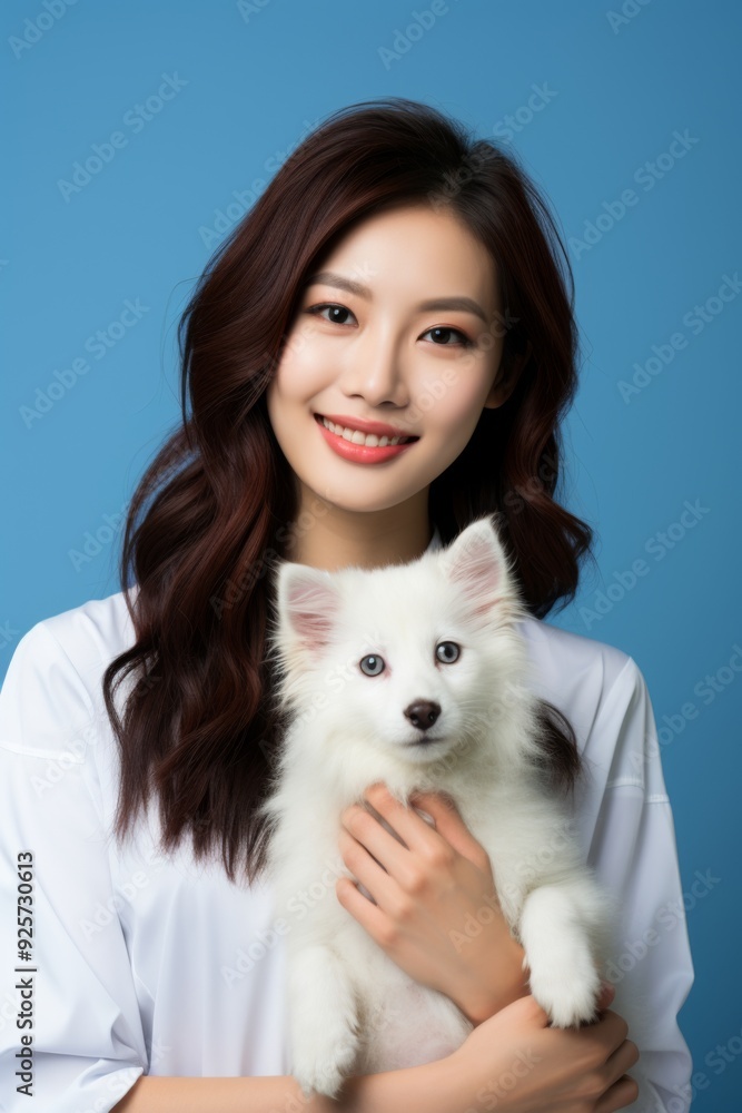 Young beautiful asian woman with cute dog isolated on blue background Young beautiful asian woman with cute dog isolated on blue background