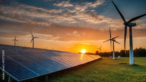 Vibrant sunset over wind turbines and solar panels, showcasing renewable energy sources in a stunning landscape emphasizing sustainability and clean energy