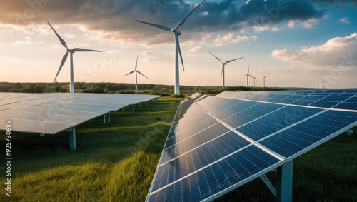 Modern renewable energy installation featuring wind turbines and solar panels under a dramatic sky, showcasing sustainable technology and eco friendly solutions photo