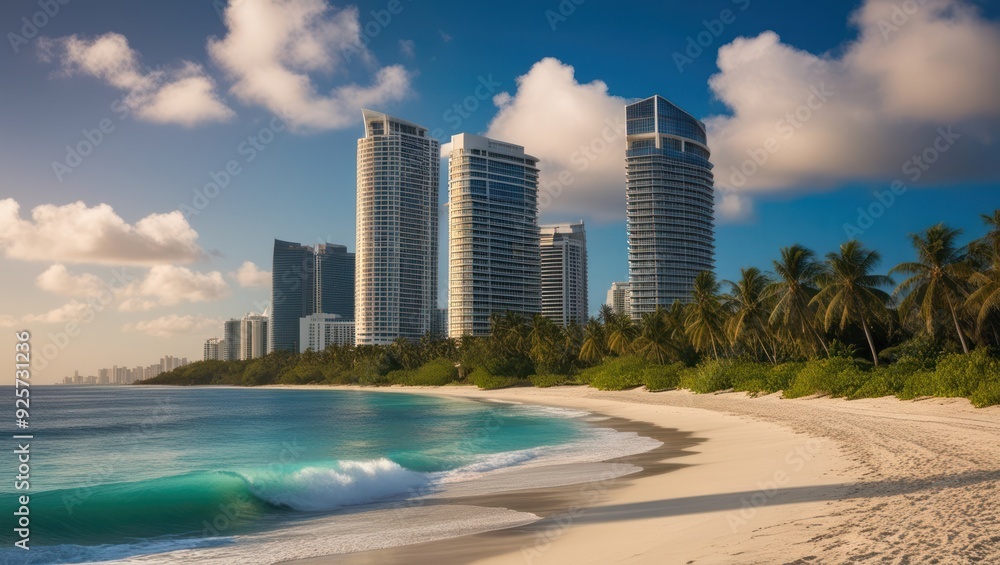 Beach with modern skyscrapers along the coastline, waves gently crashing on white sand, evoking a serene and luxurious travel destination Beach with modern skyscrapers along the coastline, waves gently crashing on white sand, evoking a serene and luxurious travel destination